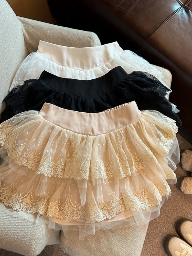 

Сладкая юбка с кружевной отделкой для женщин, осенне-зимняя многослойная юбка-торт, эластичная юбка А-силуэта, юбка в корейском стиле...