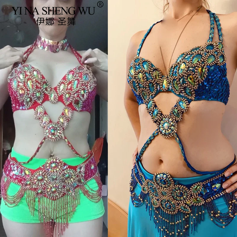 Conjunto de traje de danza del vientre para mujer, Top con cuentas, sujetador y cinturón, traje de danza del vientre, traje de baile Bollywood femenino, 3 colores, 2 piezas