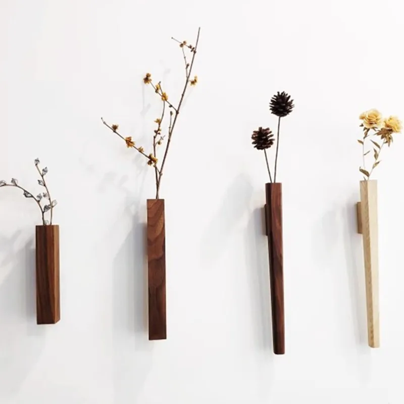 Solid Wood Wall Hydroponic Dried Vase Glass Japanese Wall-mounted Log Vase Decoration No Punching