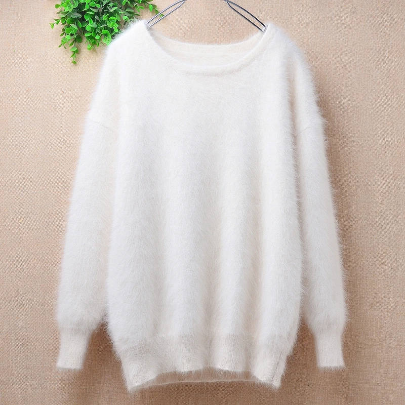 04 Ladies Women Fall Winter Clothing Sweet Hairy Mink Cashmere Knitted O-Neck Slim Blouses Pullover Jumper Sweater Pull Tops