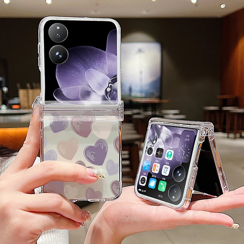 Love Heart Pattern Clear Phone Case For Xiaomi Mix Flip Flip2 Transparent Flower Shockproof Folding Hard Cover For Mi Mix Flip2