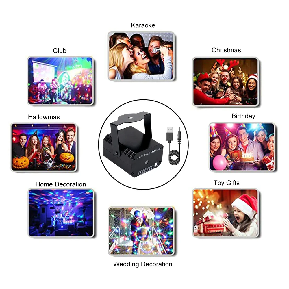 Draagbare Mini 2in1 LED-podiumlicht DJ Disco Light Projector Laserlichten Geluidsgeactiveerd flitslicht voor kerstbruiloftsfeest