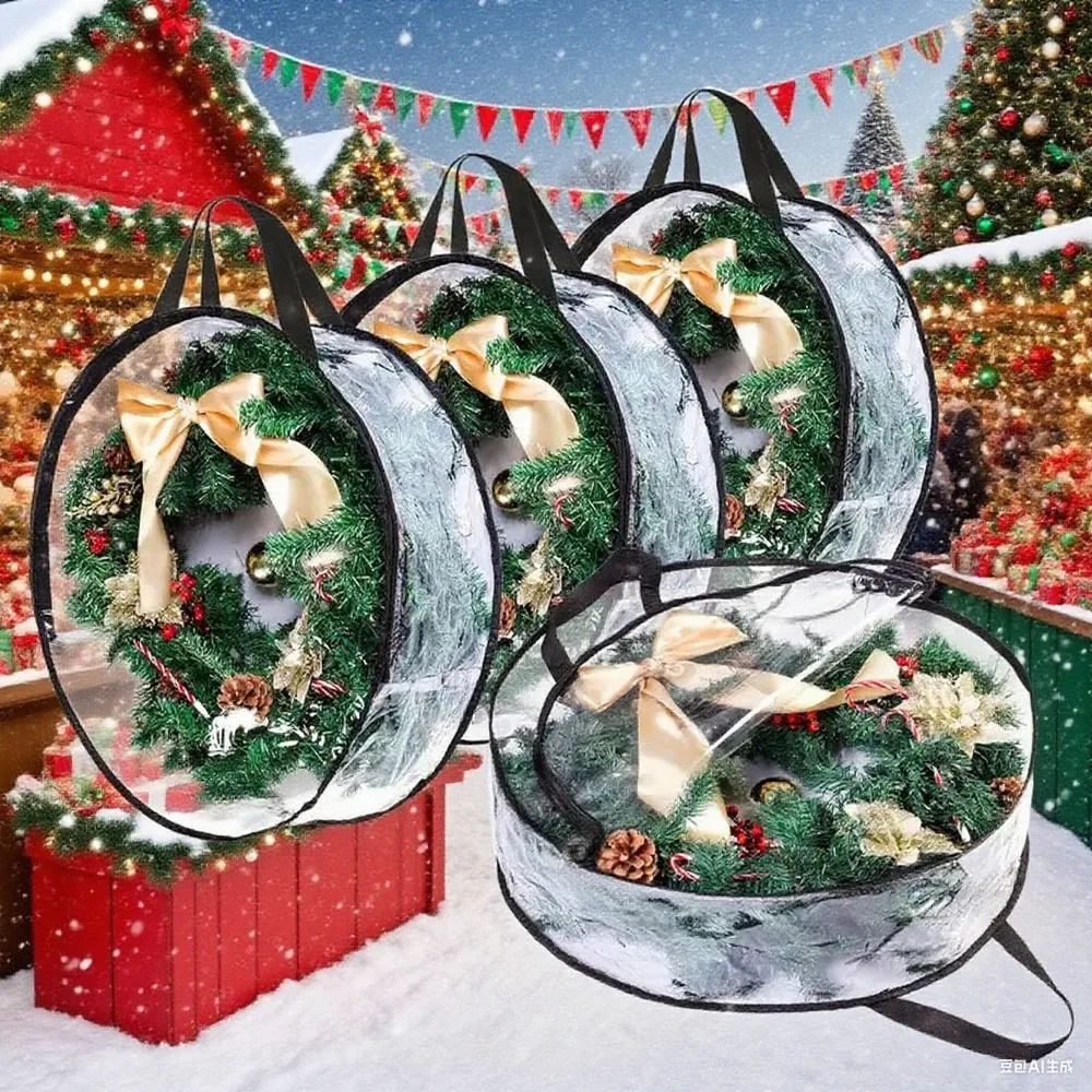 30/24 Zoll Kranz-Aufbewahrungsbehälter, transparente Weihnachtskranz-Aufbewahrungsbeutel mit Griff und zwei Reißverschlüssen