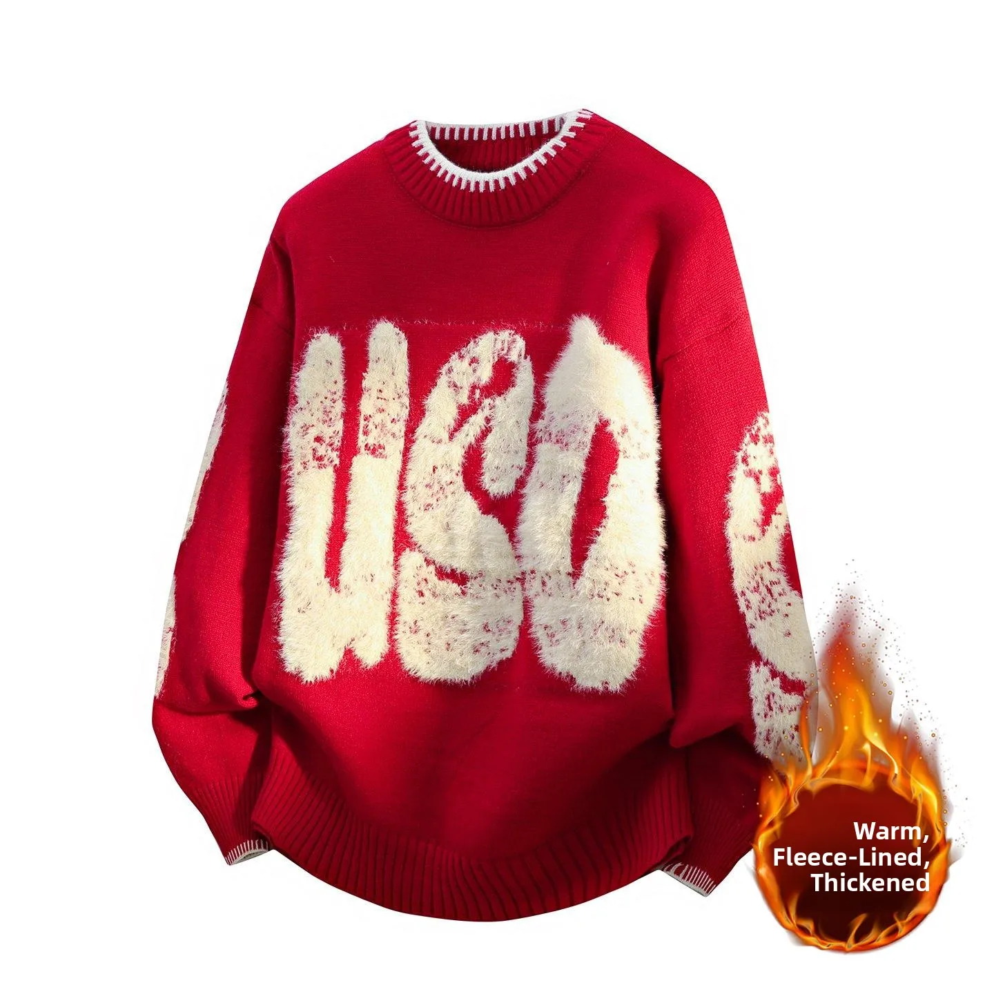 

Мужской вязаный свитер Thiened Fce красного цвета с вышивкой букв, свободный крой, премиум-класс, круглый вырез, зимний трикотаж, повседневный стиль