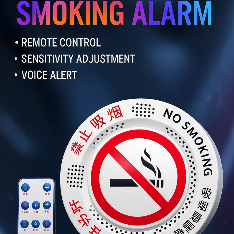 No-Smoking Smoke Detector Alarm | 120dB Voice Alert | 1-10 Adjustable Sensitivity | Remote Control | Plug-in Use | No Battery