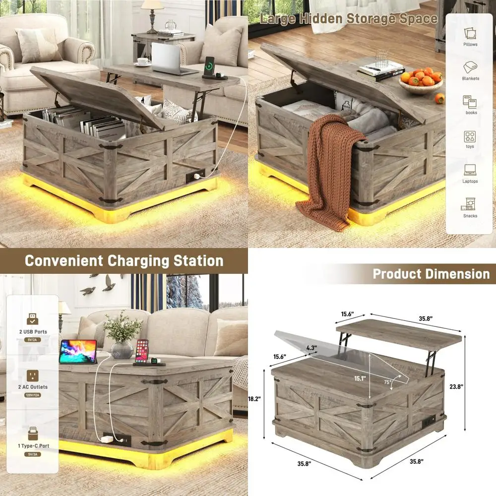 

LED Lift Top Coffee Table with Storage, Power Outlets, Square Wood Living Room Table, Large Hi-End Furniture
