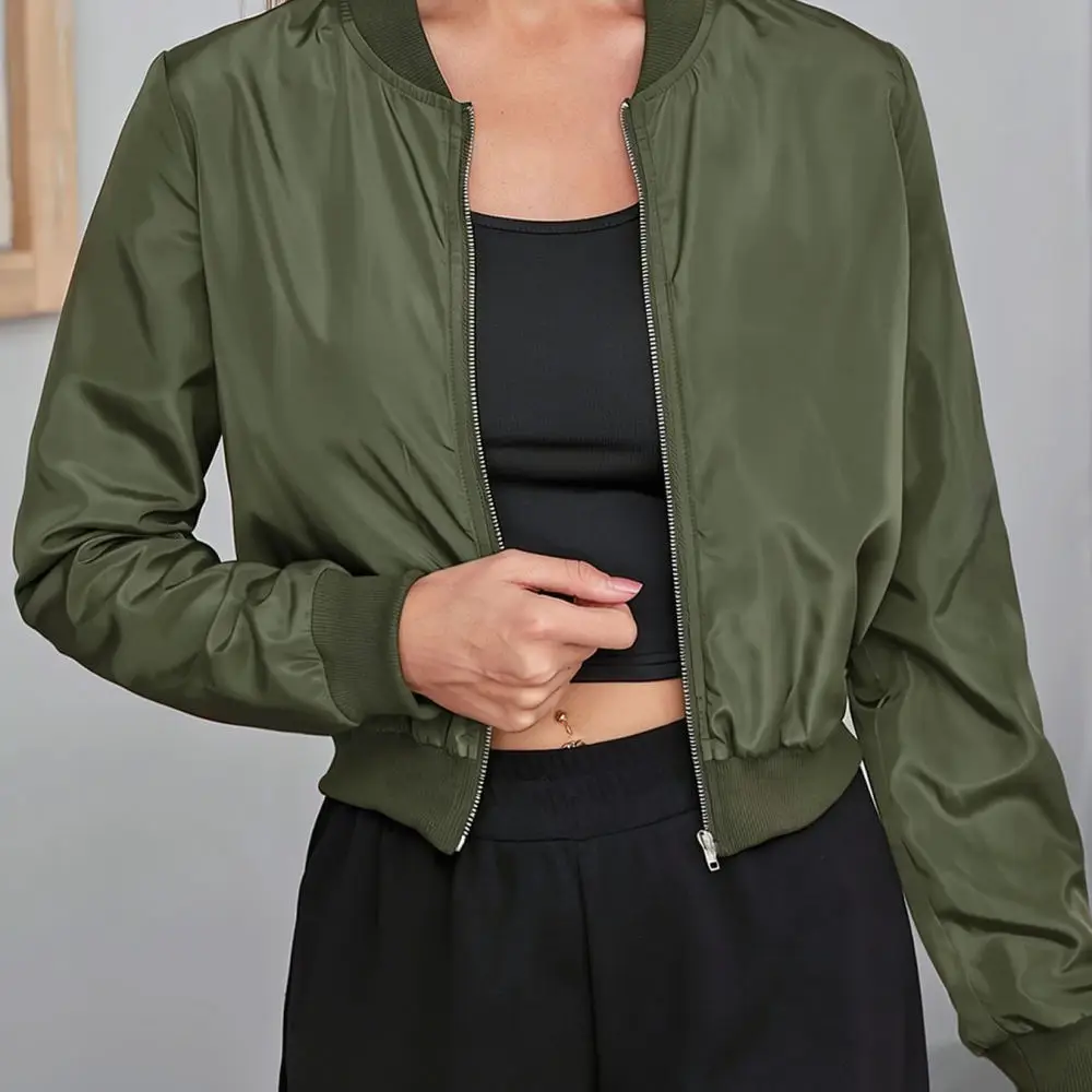 2025 Ladies Short Jacket Zip Up Bomber Coat Casual Stand Collar Long Sleeve Outerwear Spring Fashion Streetwear Tops