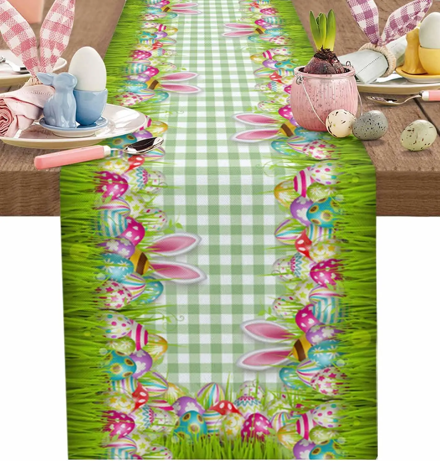 Easter Bunny Ear Eggs Green Buffalo Plaid Linen Table Runner Dresser Scarf Decor Kitchen Dining Table Runner Easter Decorations