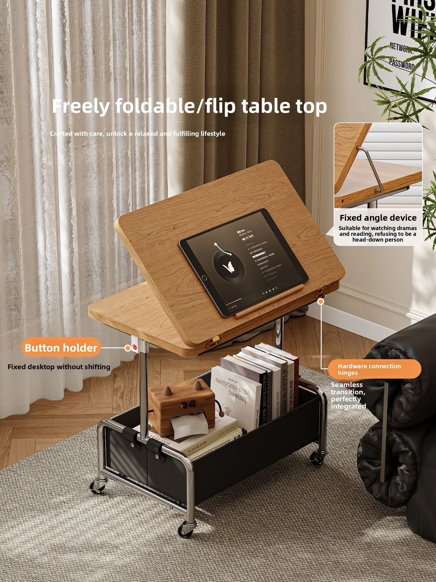 

Movable Solid Wood Coffee Table Foldable Side Table Multifunctional Small Table for Living Room Home Use