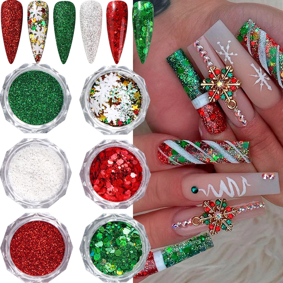 6 Farben Weihnachts-Pailletten, glitzernde Schneeflocken, rot, grün, Sechseck-Pulver, Pigmentstaub für Weihnachten, Winter, DIY, Maniküre-Dekoration