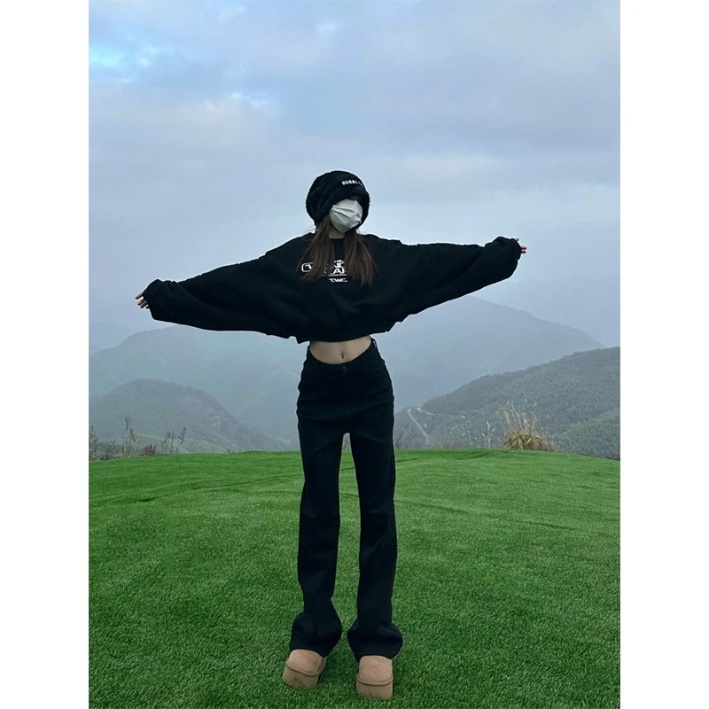 

Американские ретро-джинсы с высокой талией, прямые, черные, женские, весна-осень, удлиненные, больших размеров, облегающие, в пол