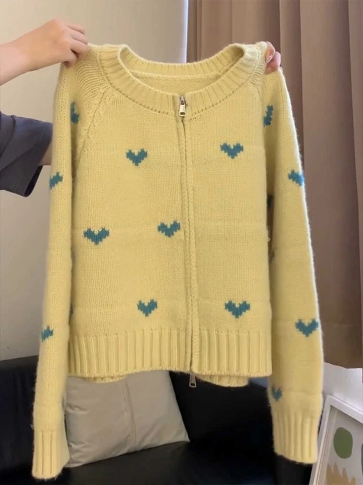 

Faionable Color Blo Heart Pattern Long Sve Camere Knitted Sweater Coat round Ne Double Zipper Open Cardigan Top