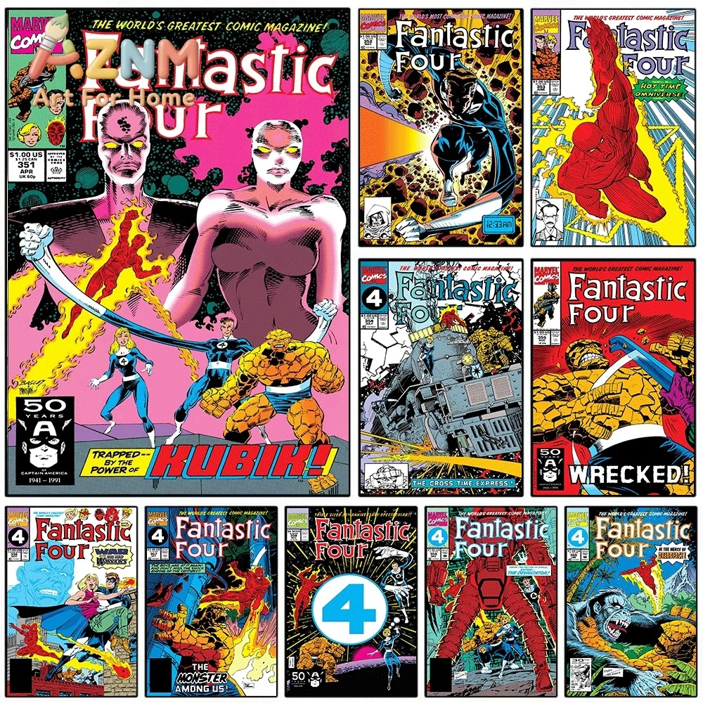 AZNM Fantastic Four Kubik Vintage Comic Cover Collage Canvas Wall Art Unframed Print, Superhero Poster for Bedroom Living Room