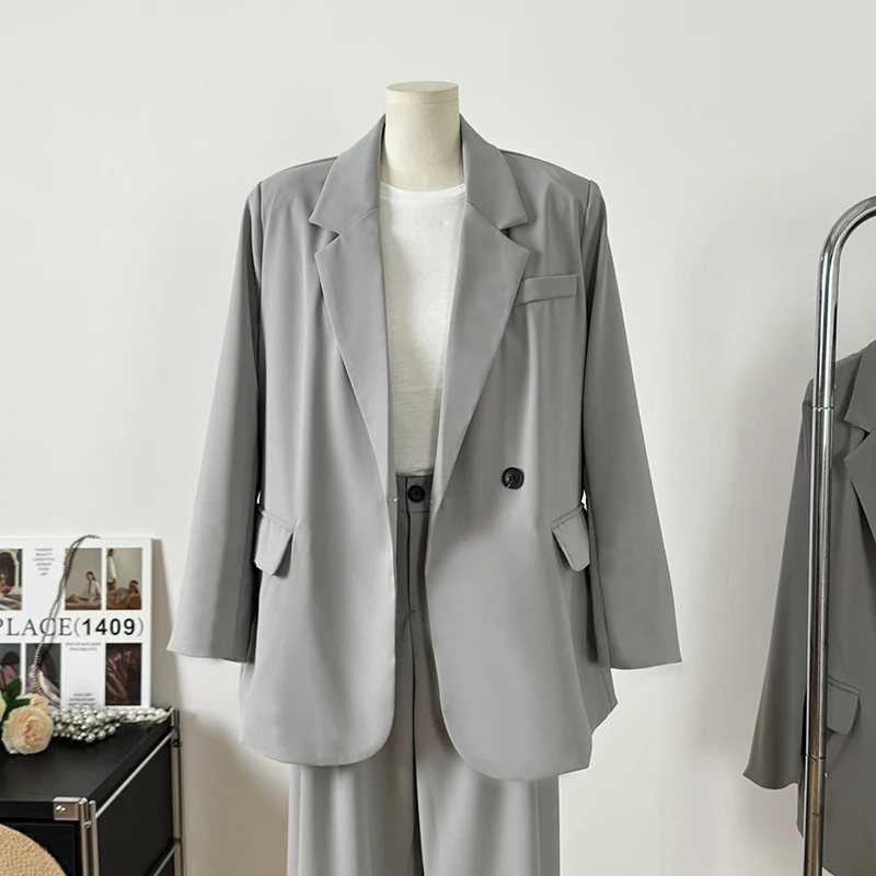 

Autumn new casual commuting two-piece set women high-end feel loose suit jacket+high waist straight leg pants solid set