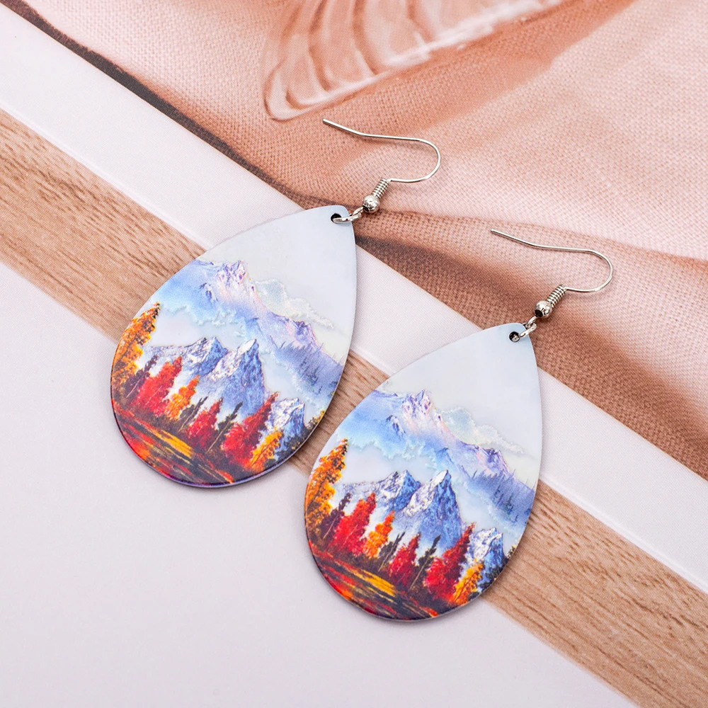 Fashion Snow Mountain Forest Landscape Relievo Printing Vintage Acrylic Water Drop Earrings For Women Leisure Vacation Jewelry