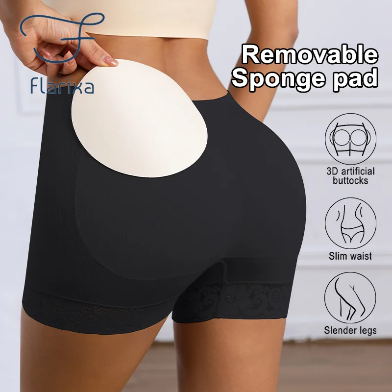 Flarixa Removable Sponge Pad Butt Lifter Shorts Lace Hem Tummy Control Mid Waist Peach Hip Shapewear Safety Shorts Daily Sports