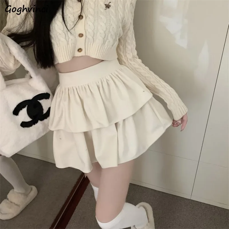 

Mini Skirts Women Double Layers Woolen A-line Harajuku Ball Gown High Waist Solid Hot Sweet Cake Skirts Loose Youthful Gentle