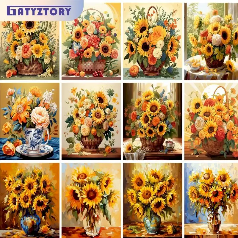 GATYZTORY Malen nach Zahlen, gelbe Blume, Landschaft, Ölgemälde auf Leinwand, Blumenmuster, handgefertigt, modern, DIY, einzigartiges Geschenk