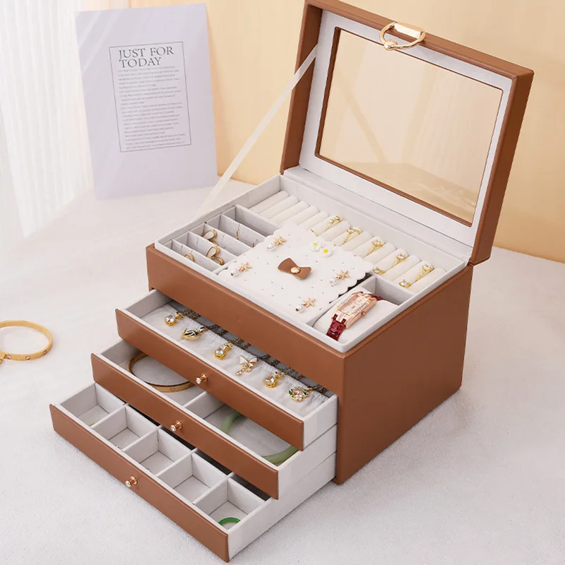 

Transparent Jewelry Box Leather Wooden Storage Boxes Necklace Earring Bracelet Case Large Organizer Jewelry Display Supplies