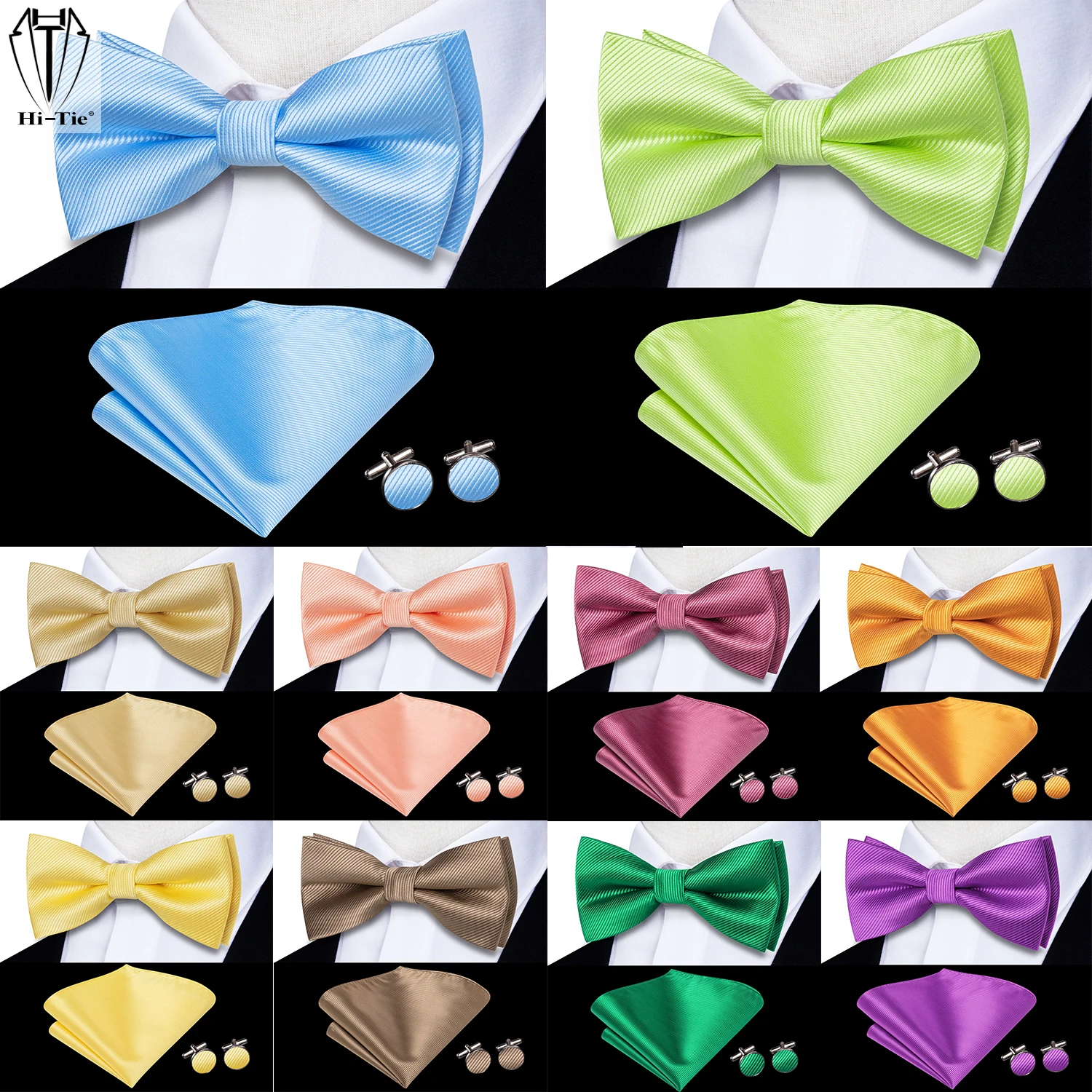 Hi-Thắt Dạ Nỉ Lụa Nam Bowtie Thắt Nơ Hanky Dây Bộ Tiền Gắn Bướm Đen Trắng Xám xanh Dương Đỏ Xanh Hồng Tím