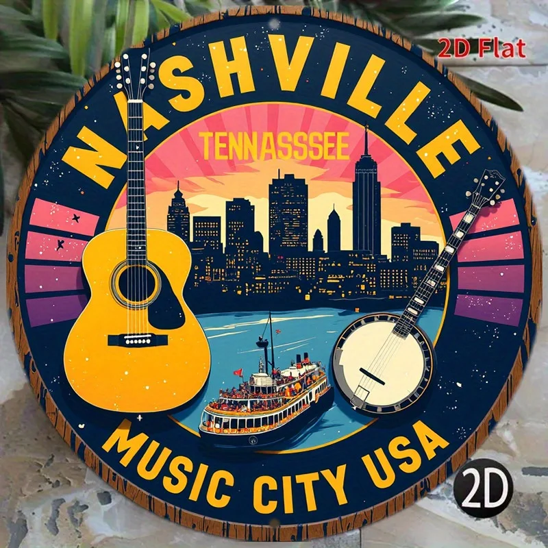 1pc Nashville Tennessee Music City USA Metal Wall Decor - Country Music-Themed Round Sign with Guitar, Banjo, and Skyline - Vint