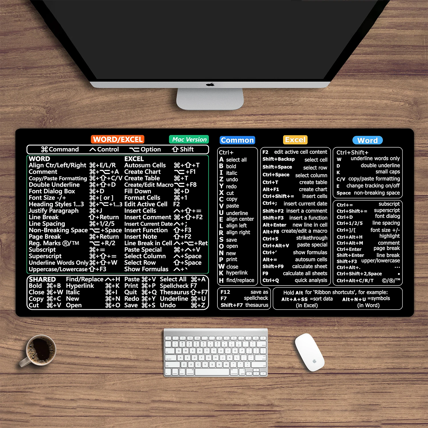 Windows and Excel keyboard shortcuts mouse pad, large keyboard mouse pad with seamed anti-slip base. Office computer desk mat