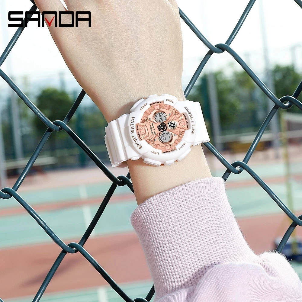 SANDA Multifunctional Electronic Womenes Watch 50M Waterproof Dual Display Luminous LED Digital Watch Fashion Women Clock 6068