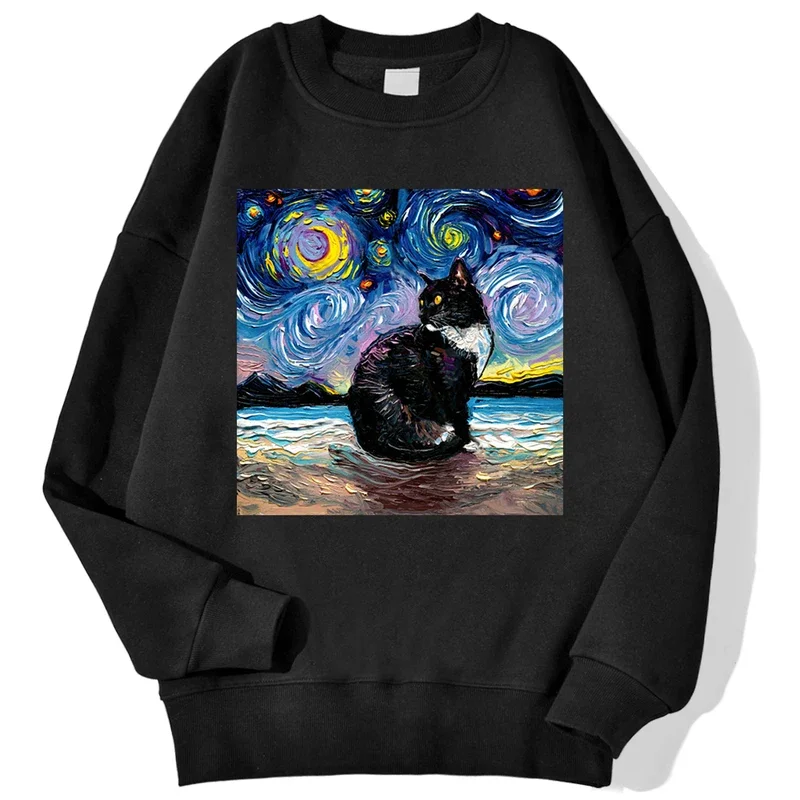 

Cat Starry Sky Universe Prints Male Sweatshirt Fashion Loose Autumn Hoodies Soft Fleece Casual Pullovers Simple O-Neck Clothes