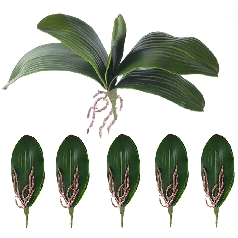 Phalaenopsis Orchids Leaves Artificial Real Looking Roots Latex Contact Plants Green Faux Leaf Arrangement,6 PCS