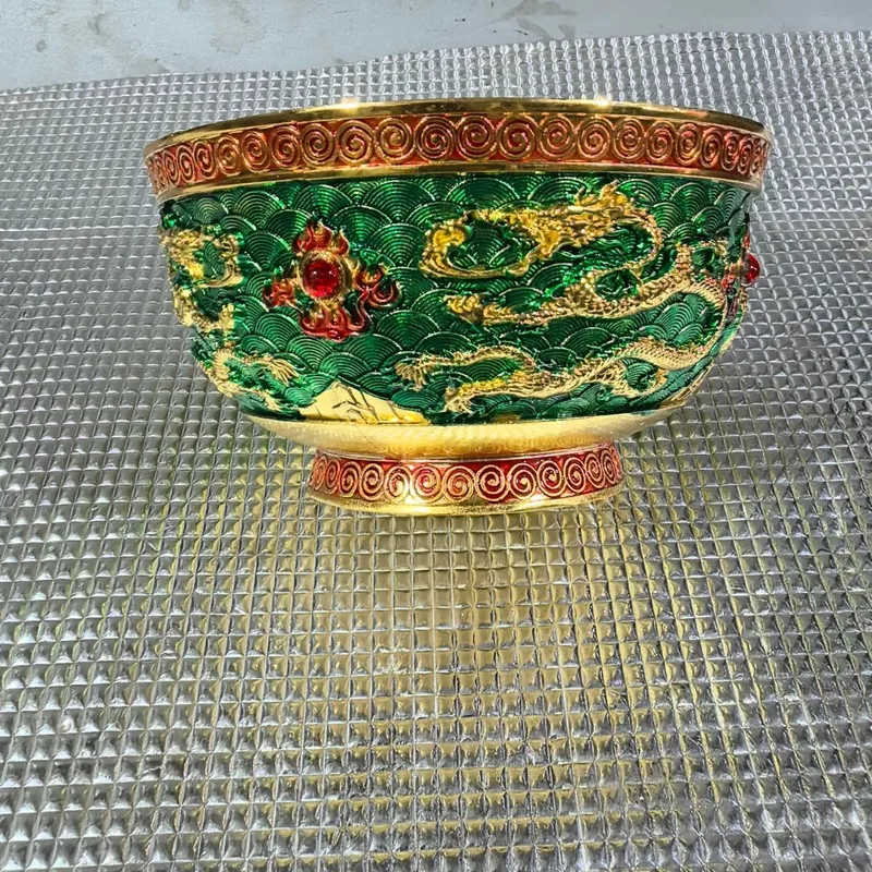 Qianlong Dynasty Golden Bowl with Filigree Enamel and Double Dragon Design, Retro Style, Chinese Zodiac Home Decor