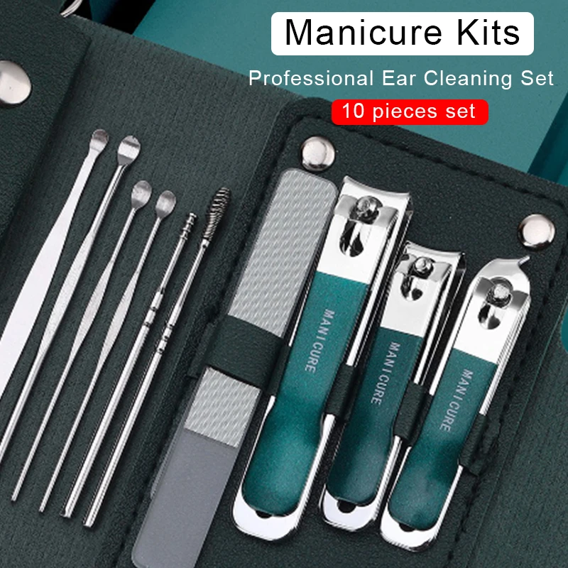 

Hot Selling 10Pcs Manicure Nail Clipper Set, Pink Green Purple Silver, with PU Leather Portable Case, Professional Ear Pick Kits