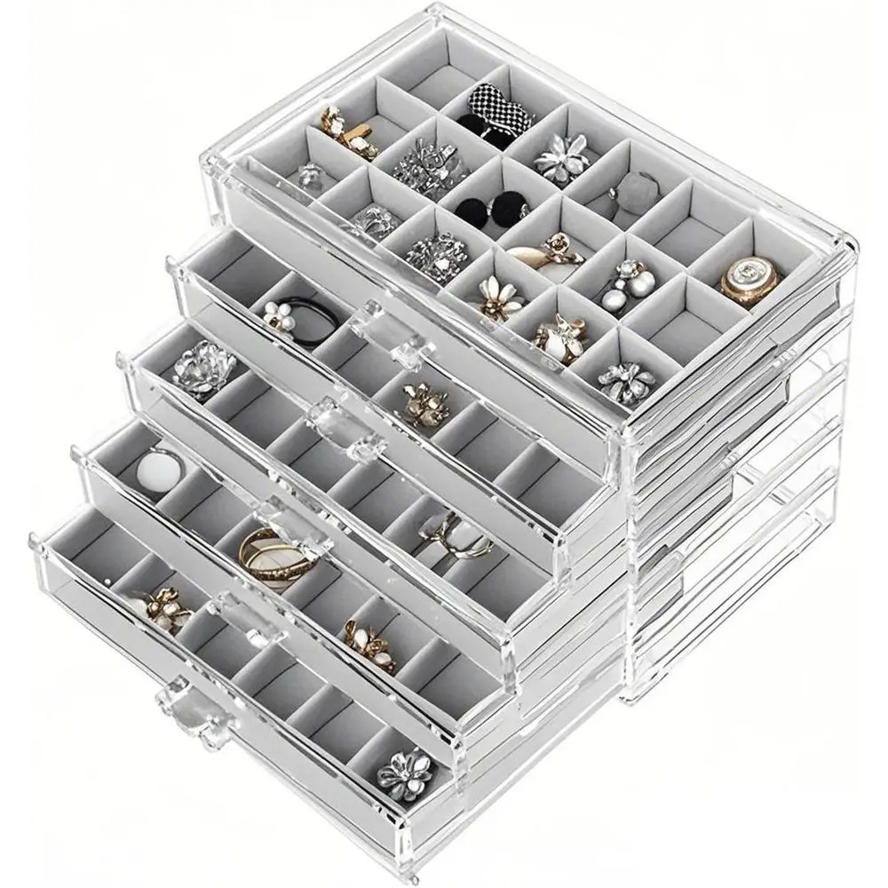 

Органайзер для сережек, акриловая коробка с 5 отделениями, прозрачный бархатный футляр для хранения сережек с 90 отсеками для женщин и девочек (серый)