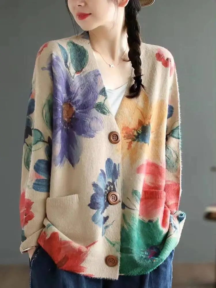 Amax LuluE 2025 Fall Womens Fashion Printed Loose Cardigans Casual V Neck Sweaters Ladies Korean Luxury Classic Cartoon Knitwear