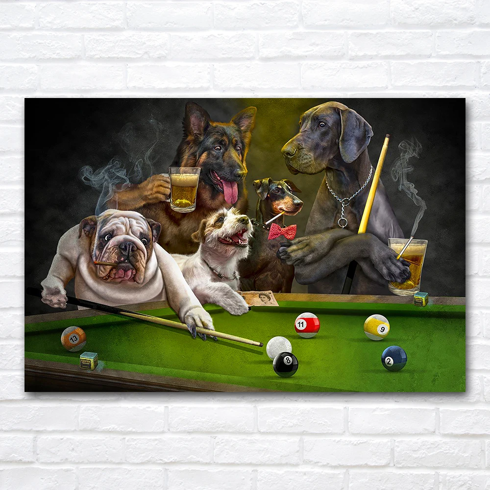 Wall Art Canvas Dogs Playing Pool Billiards Painting Poster and Print Home Decor Items Illustration