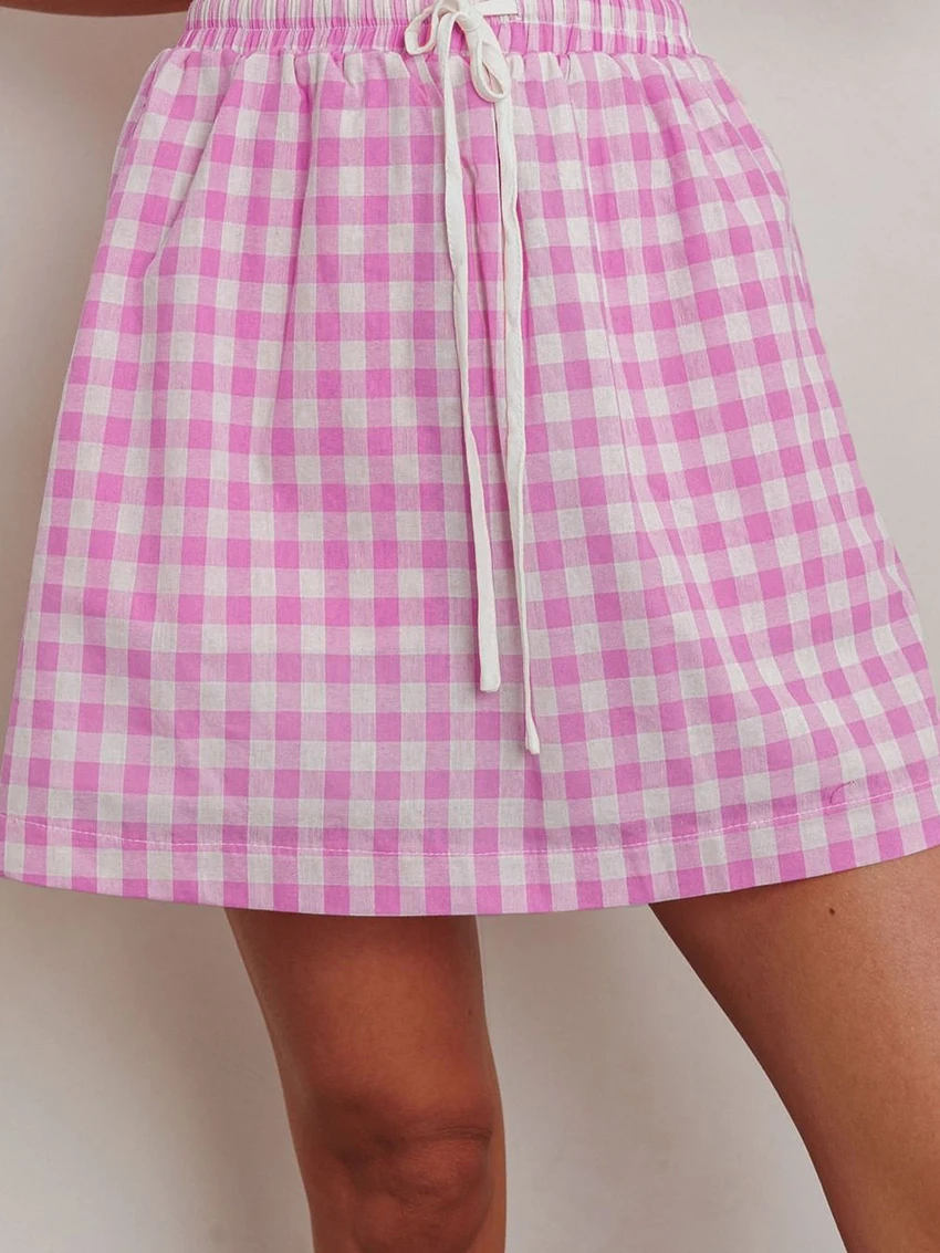 Marthaqiqi Plaid Women Nightie Set Lace Up Sleepwear Short Sleeve Pajamas O-Neck Nightwear Skirts Ladies Nightgowns 2 Piece Suit