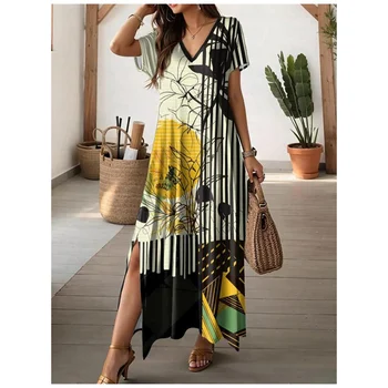 여성용 V넥 긴 원피스, 데일리 여성 A라인 스커트, 우아한 슬릿 드레스, 여름 여성 의류, 2024 Best5 여성용 V넥 긴 원피스, 데일리 여성 A라인 스커트, 우아한 슬릿 드레스, 여름 여성 의류, 2024 Best5