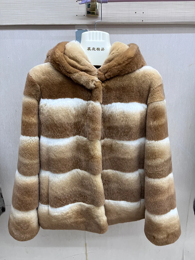 2026 New Women's Real Natural Rex Rabbit Fur Coat Long Sleeves Natural Color Fur Coat Luxury Thick Warm Outerwear Jackets
