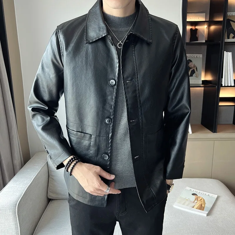 Men's Autumn Winter Fleece Lined Lapel PU Leather Jacket Korean Trend Warm Casual Outerwear