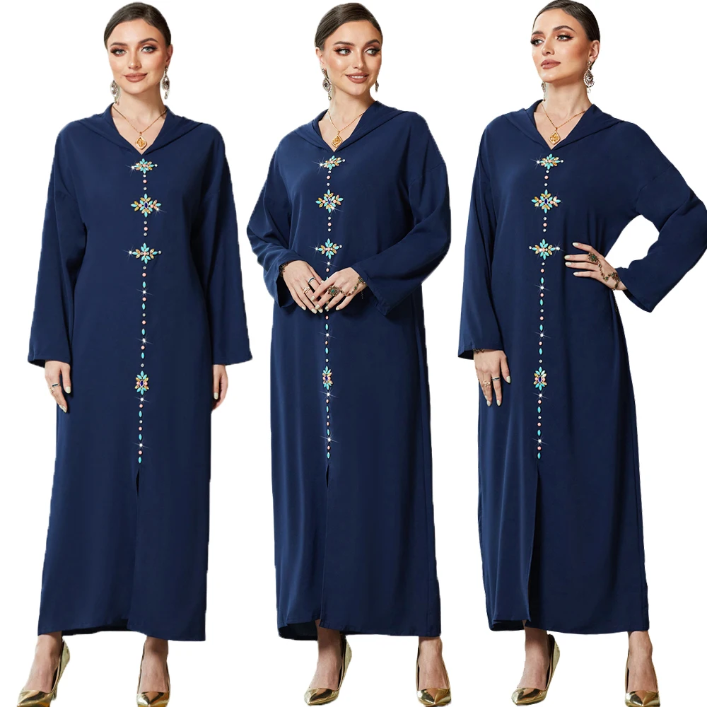 

Moroccan Djellaba Diamonds Abayas for Muslim Women Eid Hooded Long Maxi Dress Turkey Arabic Kaftan Dubai Femme Jalabiya Vestidos