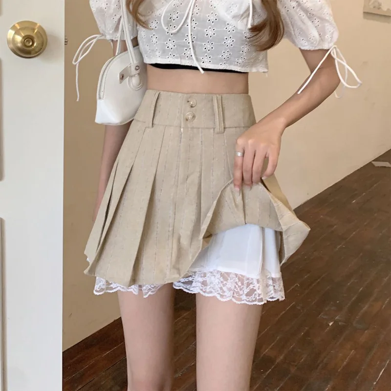 2023 New Summer Fashion Trend High Waist Lace Border Guard Shining Slim Spicy Girl A-line Versatile Women\'s Pleated Skirt