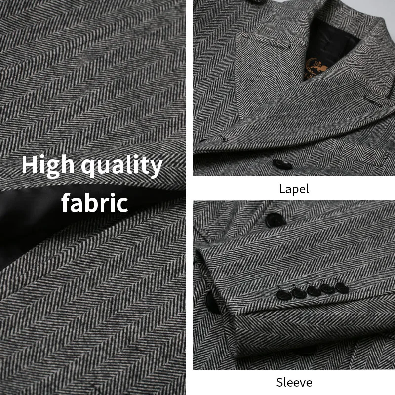 Mens Classic herringbone pattern long wool coat for men with double breasted British fashion thickened down jacket coat for men