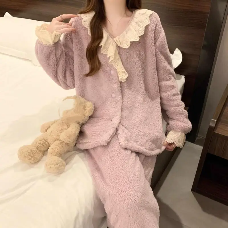 

Princess Style Coral Fleece Leisure Wear Autumn and Winter Thicken Keep Warm Sweet Lace Lace Loungewear Set Dopamine New Style
