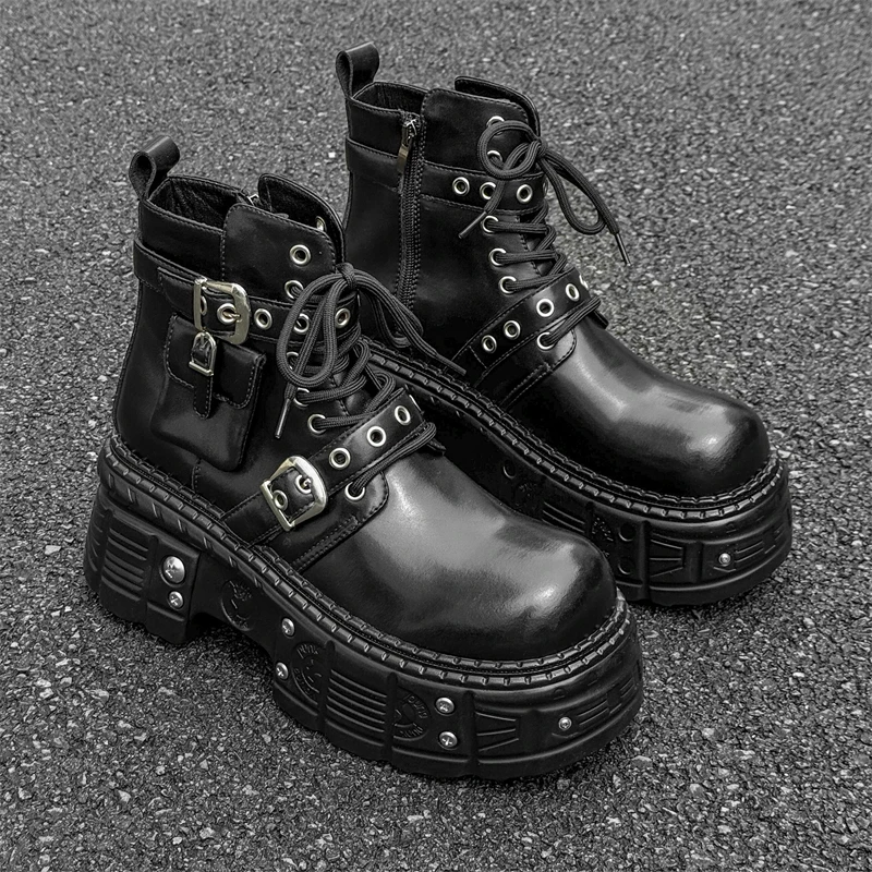 

European American men big toe thick sole personalized motorcycle boots punk style belt buckle decoration youth trend boots