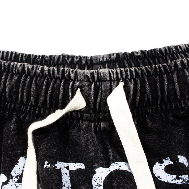 Summer Retro Distressed Splash Ink Black SATOSHI Shorts Faded Letter Drawstring Shorts Men Women Casual Street Cropped Pants