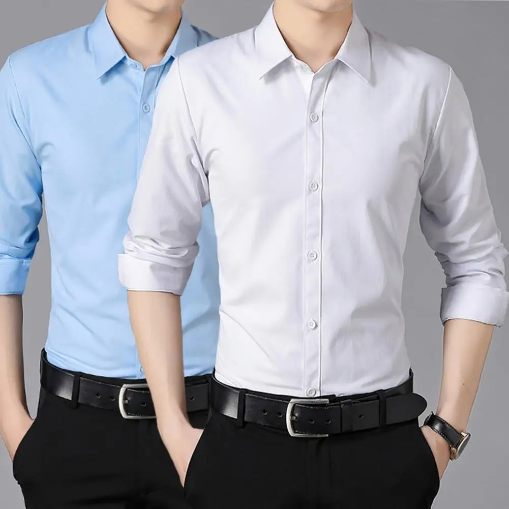 

Men Shirt Lapel Collar Single-breasted Long Sleeve Office Shirt Breathable Sweat Absorption Slim-Fit Business Shirt Top