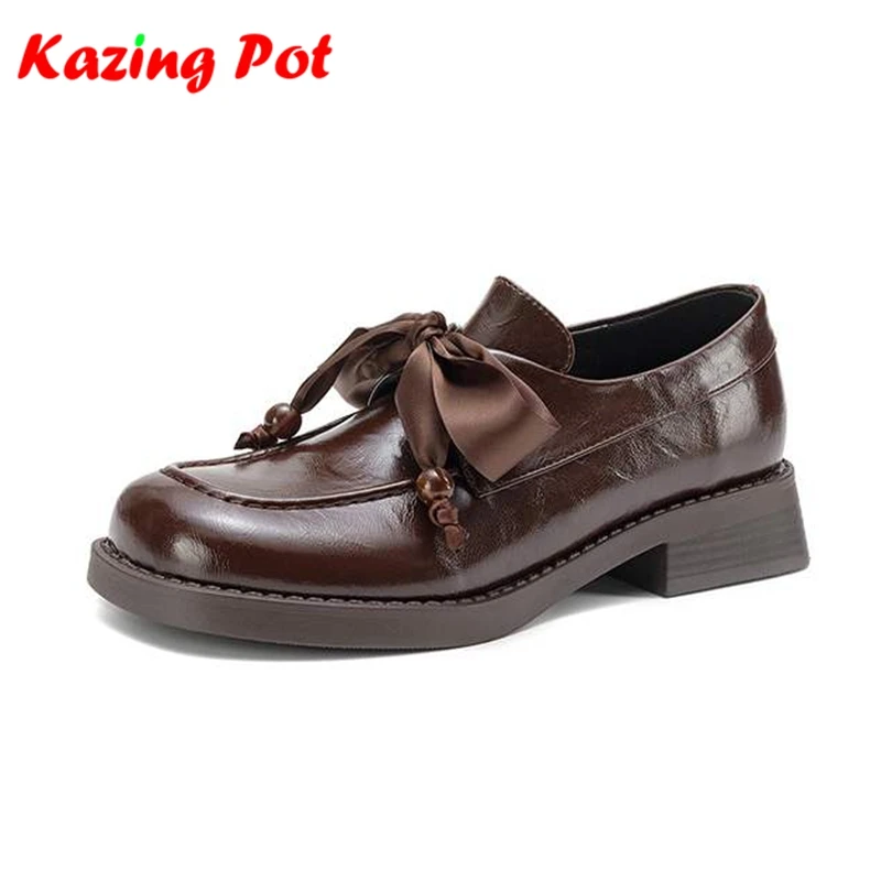 

Женские оксфорды Krazing Pot 2026 с круглым носком, на массивном каблуке, из микрофибры, весна-осень, большие размеры до 43, винтажный дизайн, с бантом-бабочкой