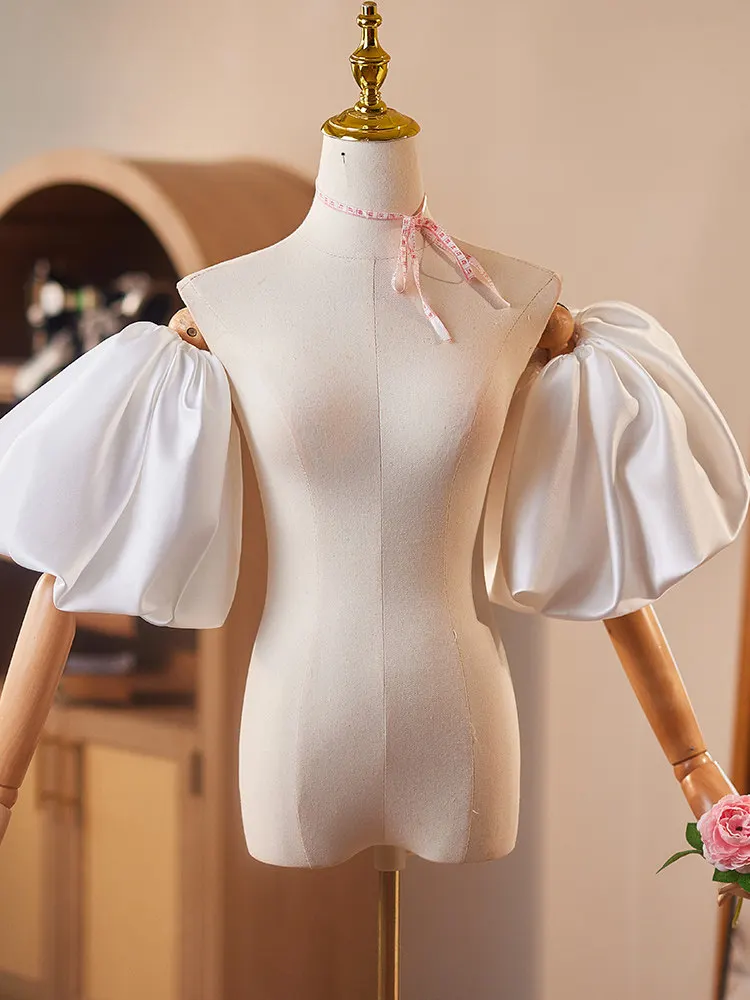 Original Puff Sleeve Covers Evening Gown Handmade DIY Satin White Host Annual Meeting Accessories Runway Show Photos Princess