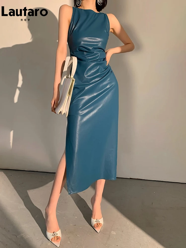 Lautaro Spring Autumn Sleeveless Backless Black Stretchy Blue Soft Faux Leather Midi Tank Dress Women Slim Fit Long Dresses 2023