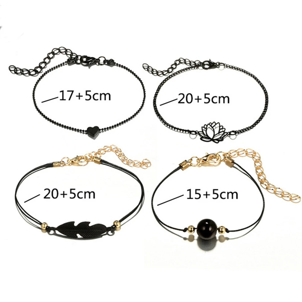Fashion Black Multi-layer Anklet Heart Leaf Lotus Anklet Beaded Chain Summer Beach Foot Accessories For Women Jewelry Gift