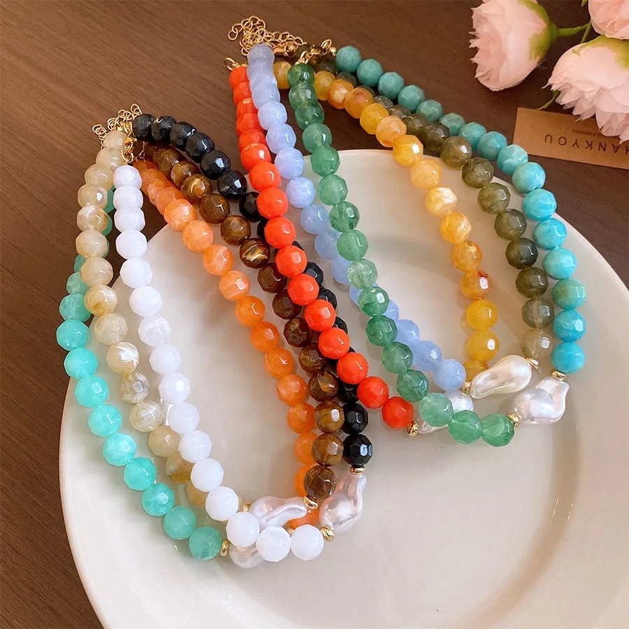 Multicolor Faceted Bead Choker Irregular Baroque Pearl Collar Necklace Minimalist Boho Chain Women Vacation Fashion Jewelry